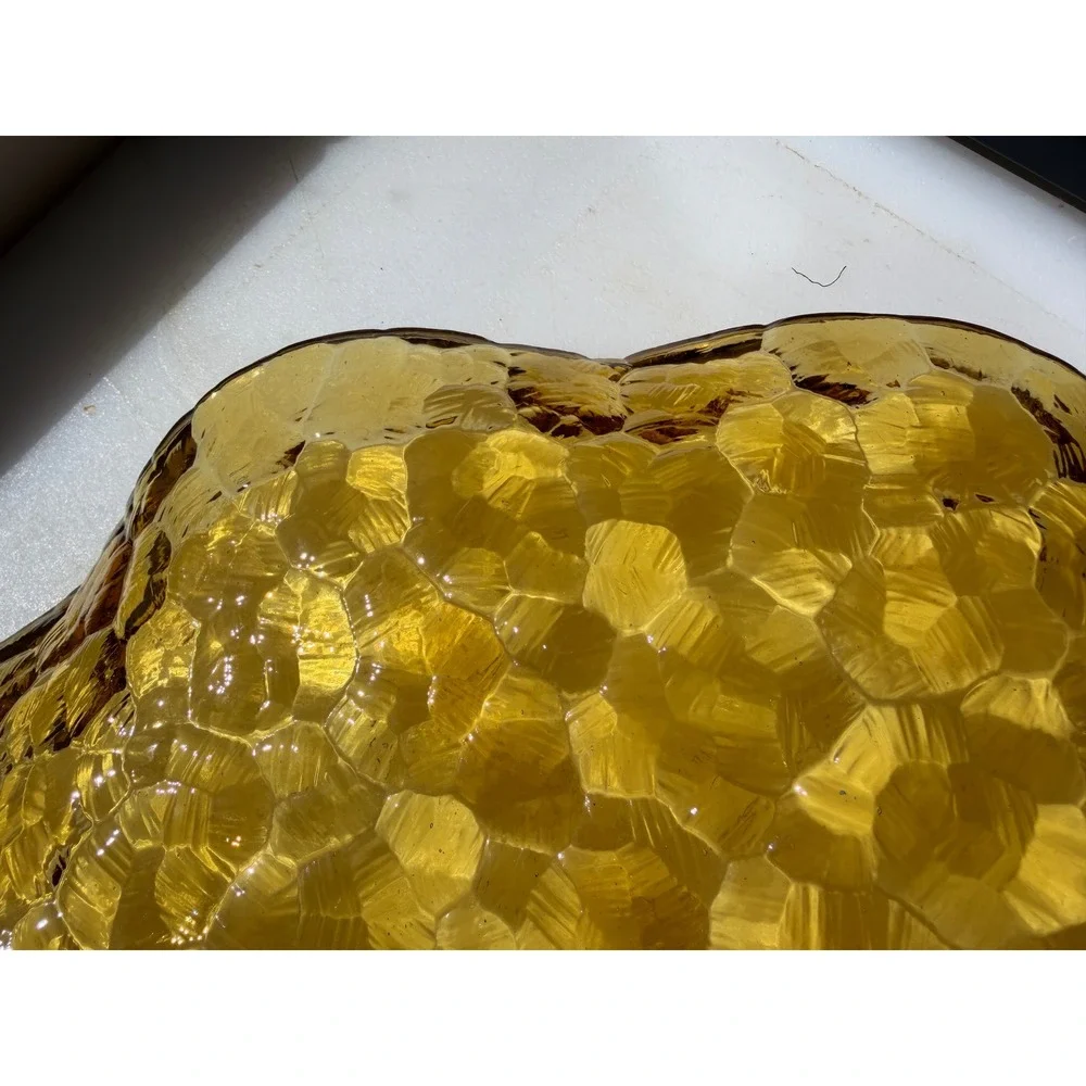 Vtg. Glass Serving Plate Amber Hammered Scalloped MCM Retro Decor
